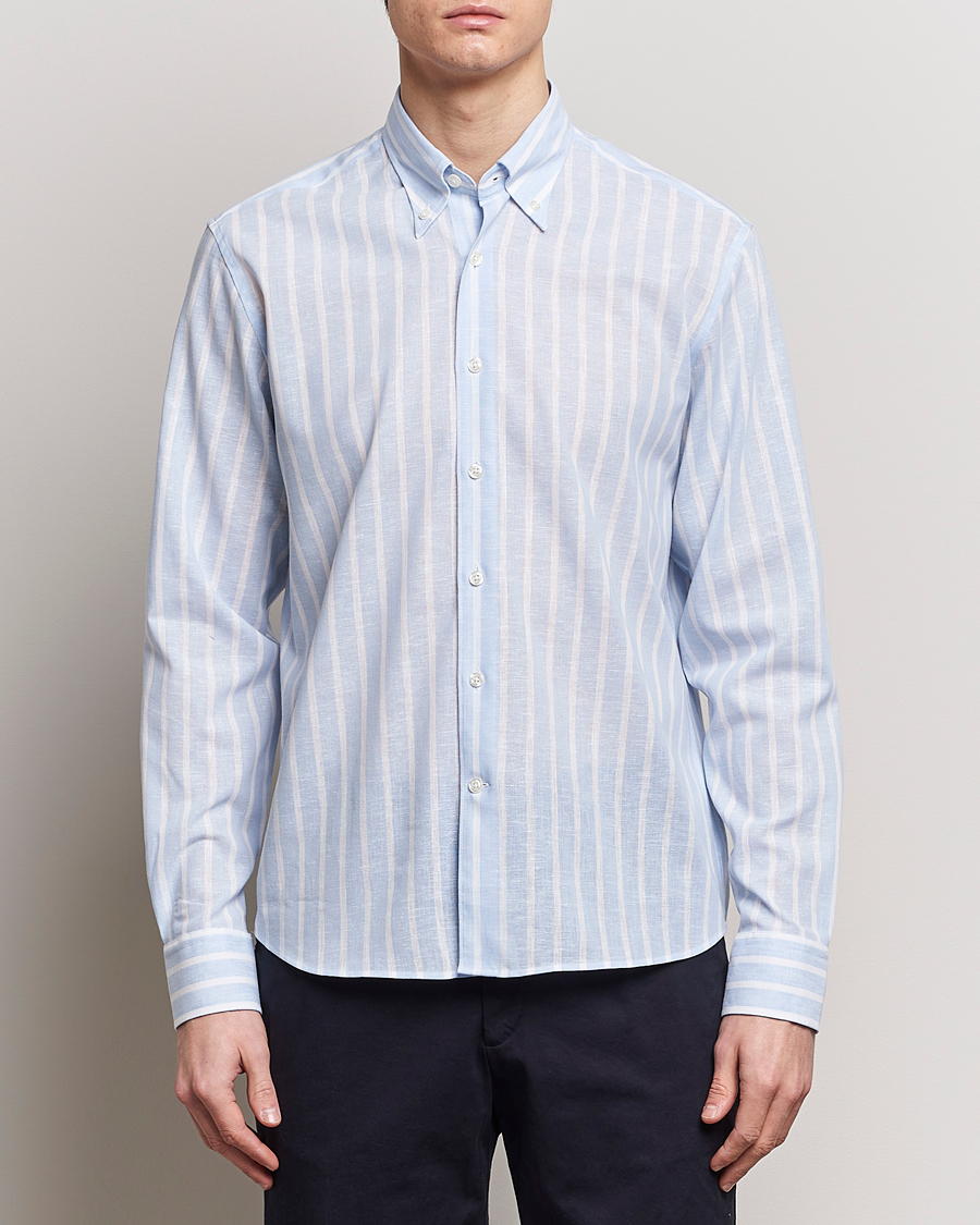 Herre | Oscar Jacobson | Oscar Jacobson | Regular Fit Striped Linen Shirt Light Blue