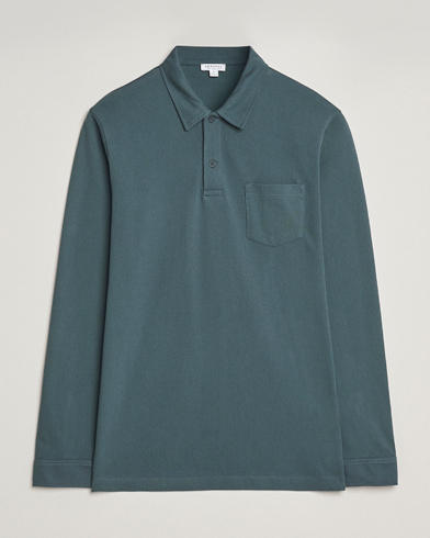 Sunspel Long Sleeve Riviera Polo Shirt Dark Petrol – Grøn