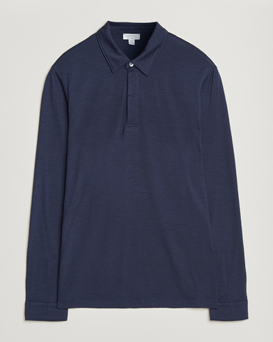 Sunspel Wool Jersey Long Sleeve Polo Navy – Blå