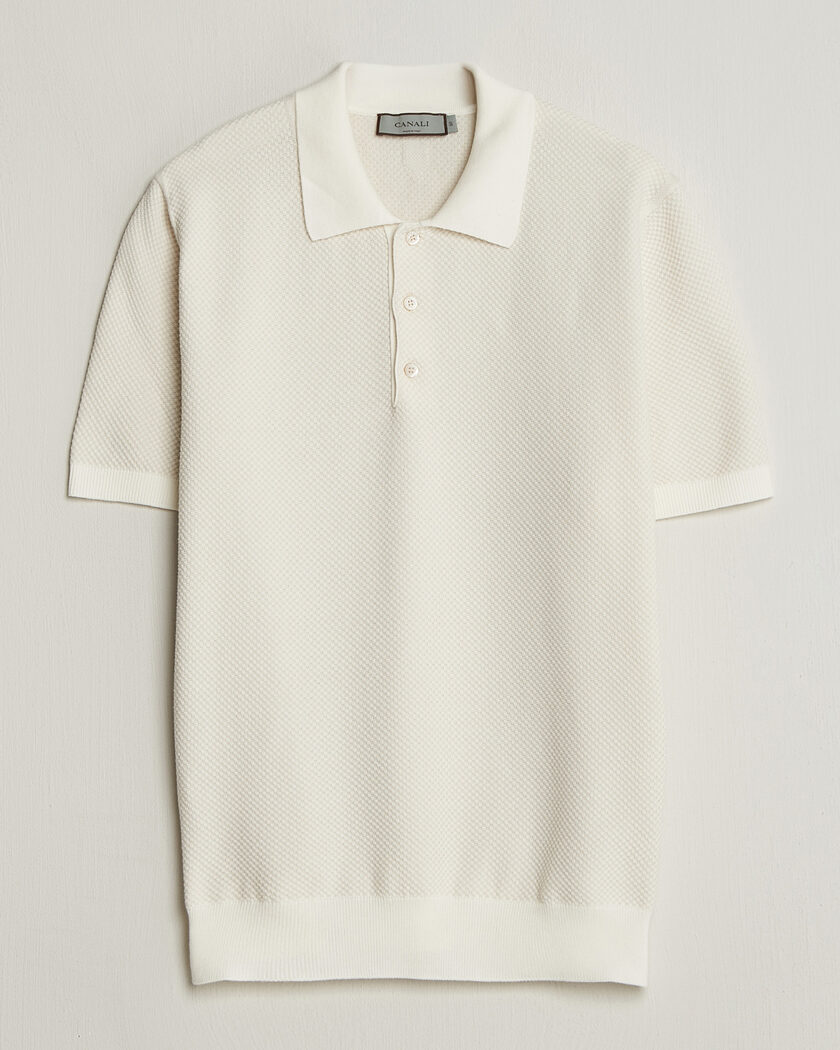 Canali Textured Knit Short Sleeve Polo Off White – Hvid