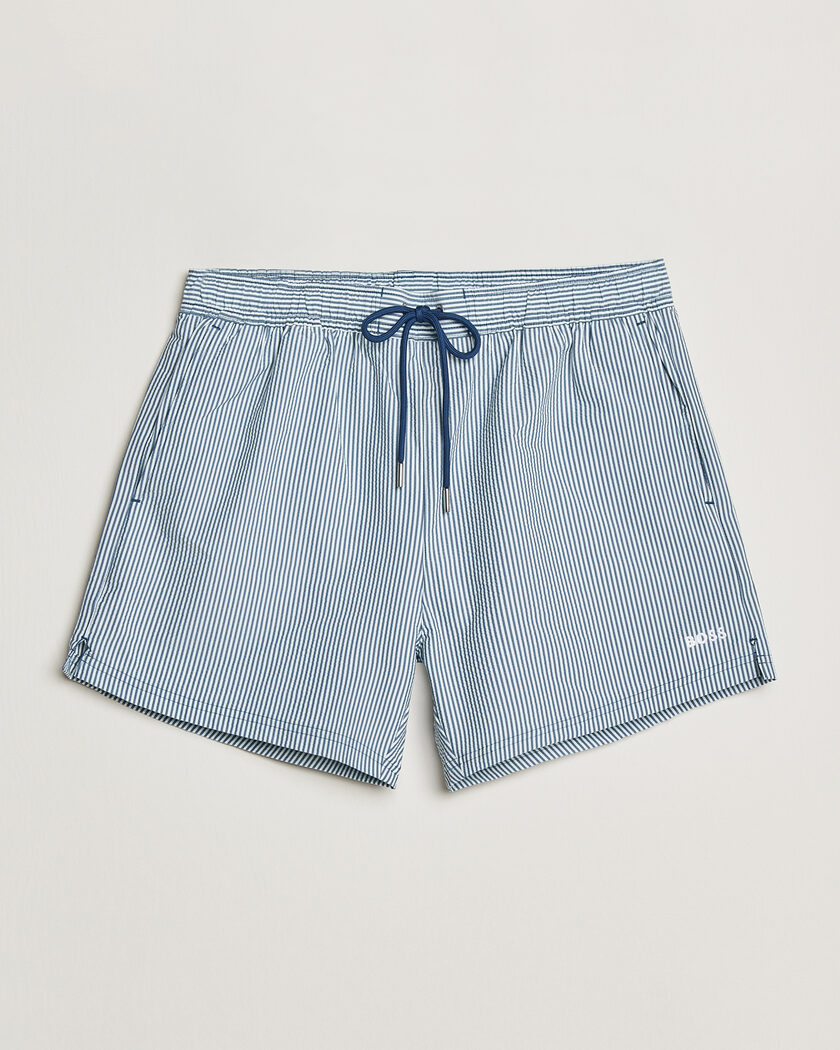 BOSS BLACK Velvetfish Seersucker Swimshorts Open Blue – Blå