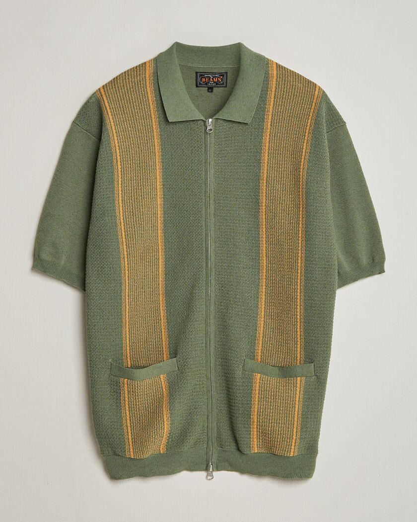 BEAMS PLUS Zip Knit Striped Polo Olive – Flerfarvet