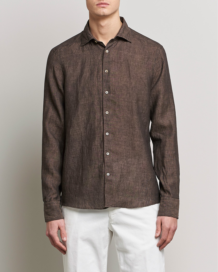 Herre | Tøj | Stenströms | Slimline Cut Away Linen Shirt Dark Brown