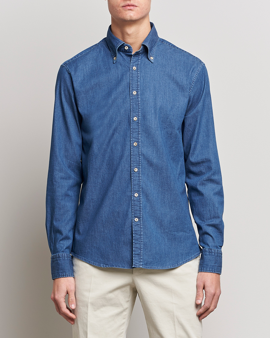 Herre |  | Stenströms | Fitted Body Button Down Garment Washed Shirt Mid Blue Denim