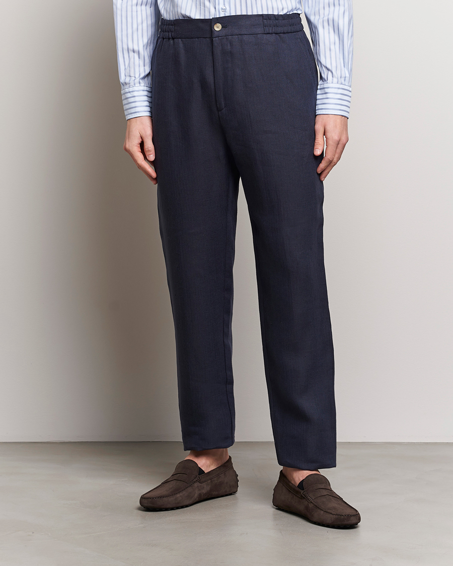 Herre | Luxury Brands | Etro | Linen Drawstring Trousers Navy