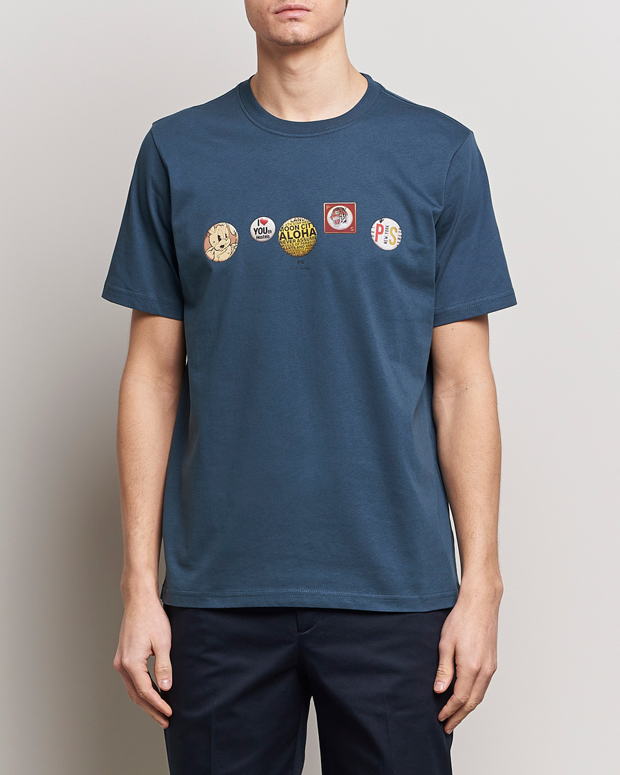 Herre | Tøj | PS Paul Smith | Organic Cotton Badges Crew Neck T-Shirt Blue