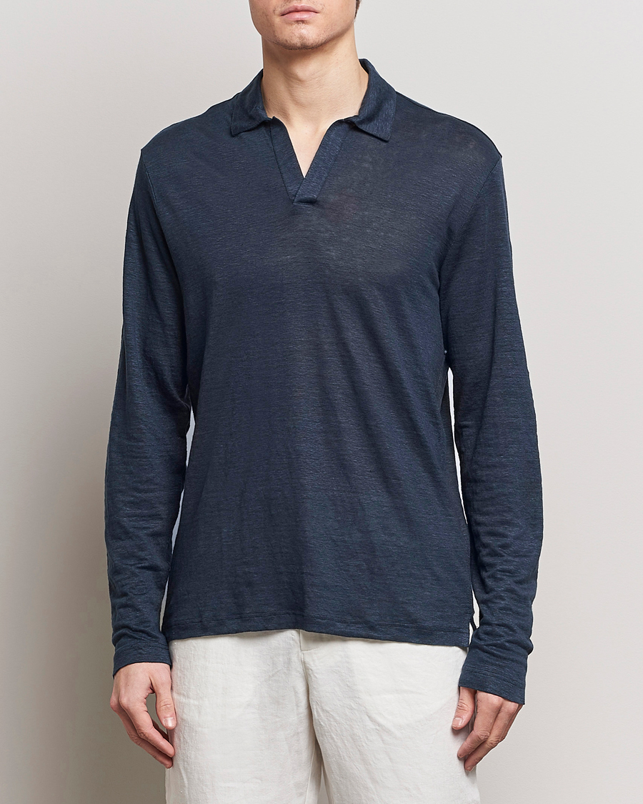 Herre | Tøj | Gran Sasso | Washed Linen Long Sleeve Polo Navy
