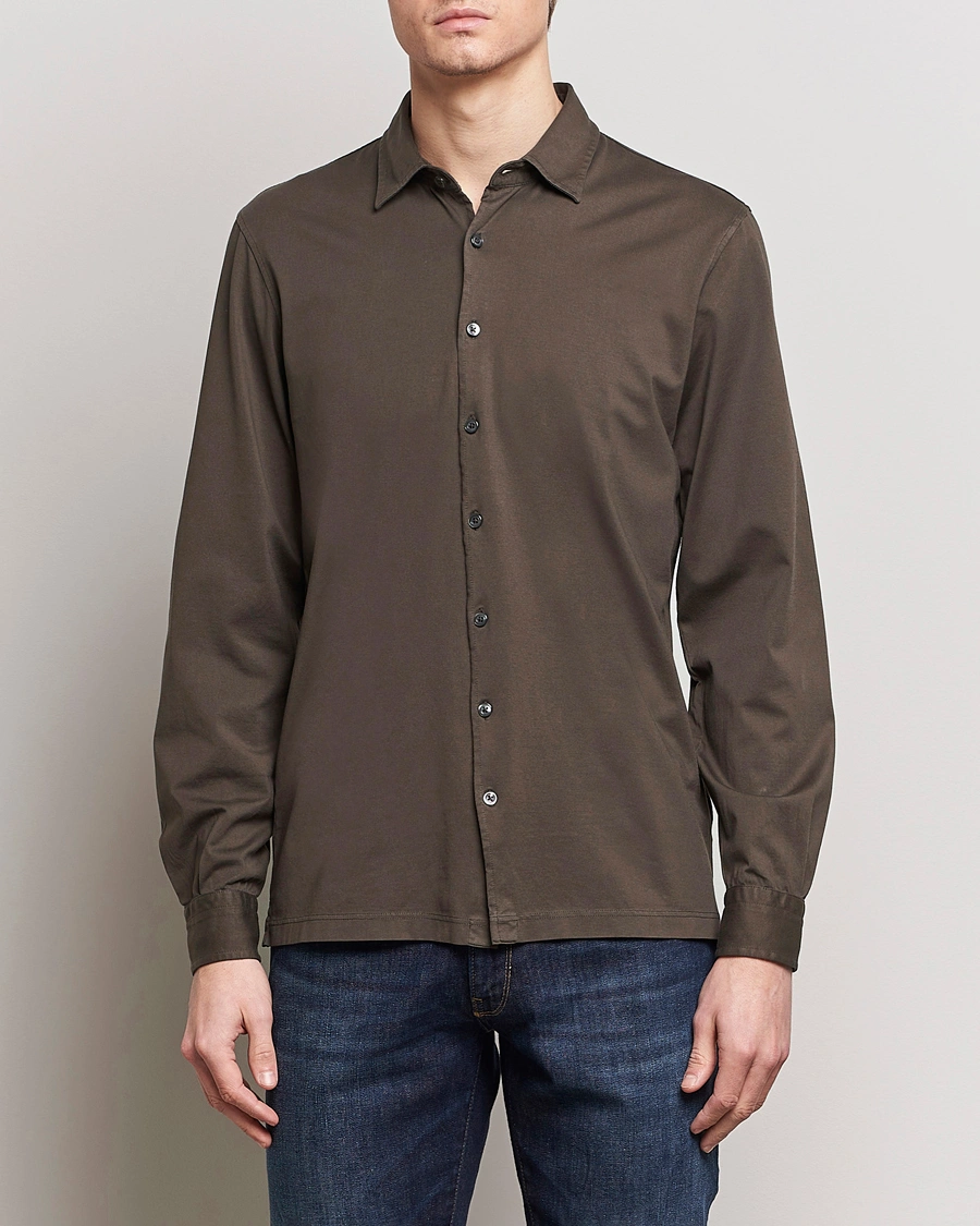 Herre | Casualskjorter | Gran Sasso | Washed Cotton Jersey Shirt Dark Brown