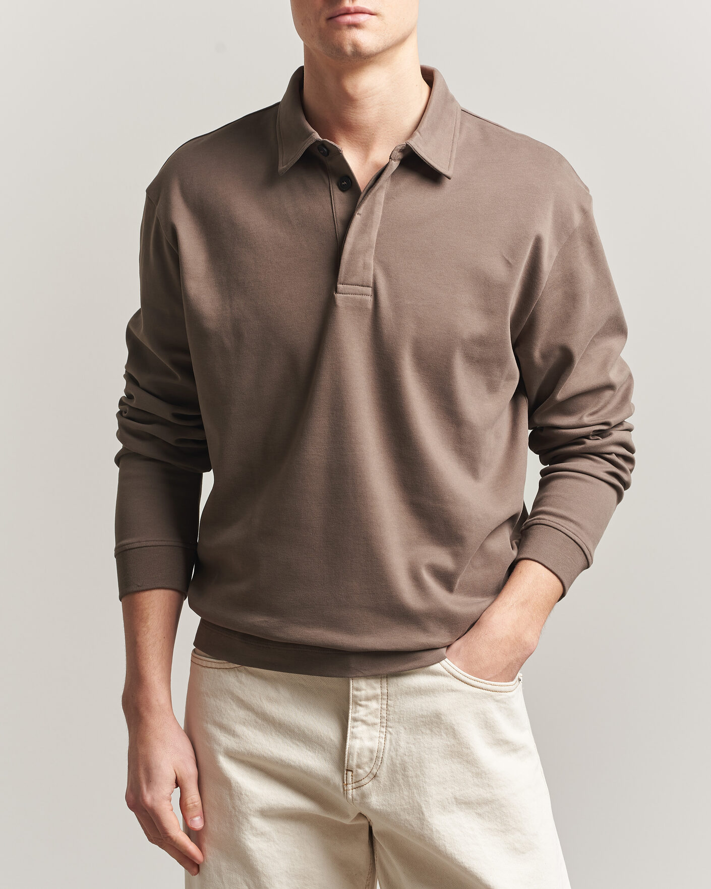 Herre | Polotrøjer | Sunspel | Heavy Weight Supima Cotton Long Sleeve Polo Dark Cedar