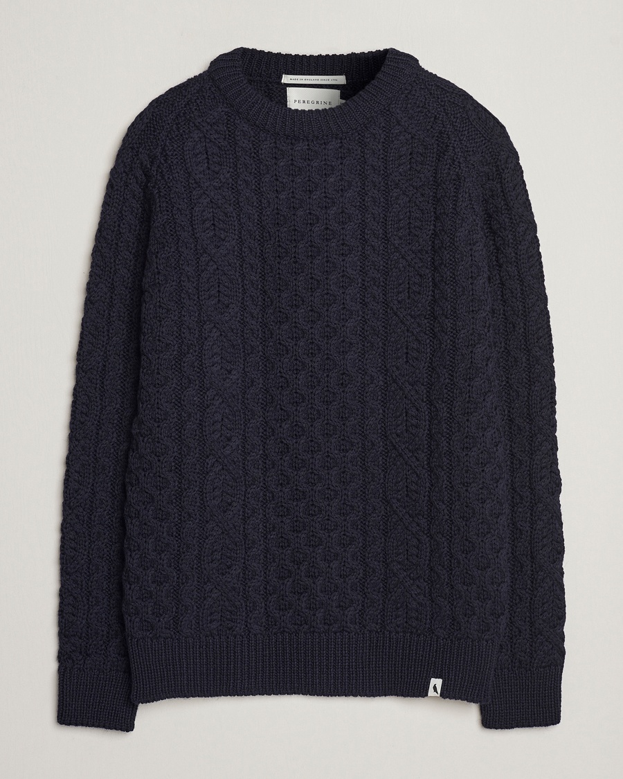 Peregrine Hudson Wool Aran Knitted Jumper Navy – Blå