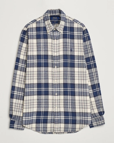  Custom Fit Brushed Flannel Checked Shirt Off White/Navy