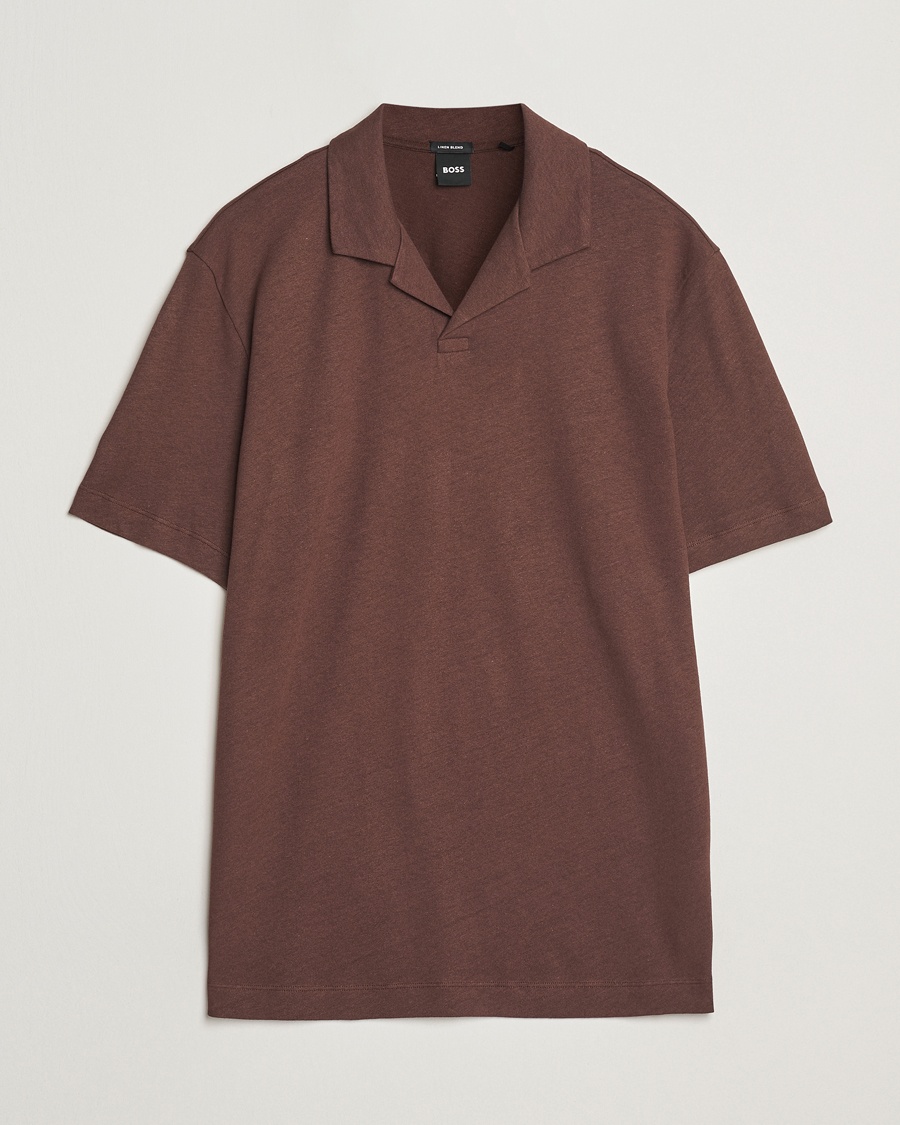 Herre |  | BOSS BLACK | Ponti Cotton/Linen Open Collar Polo Dark Brown