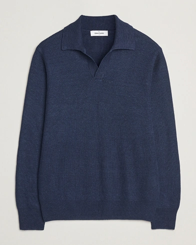  Linen/Cotton Open Collar Knitted Polo Navy Melange