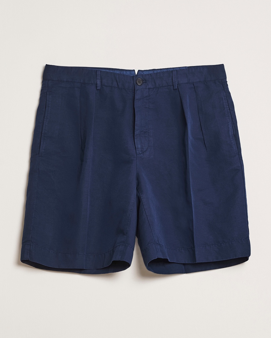 Herre | Hørshorts | Incotex | Pleated Chinolino Shorts Navy