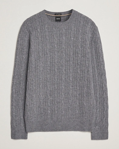 BOSS BLACK Hetico Wool/Cashmere Cable Sweater Medium Grey – Grå