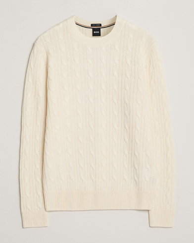 BOSS BLACK Hetico Wool/Cashmere Cable Sweater Open White – Hvid