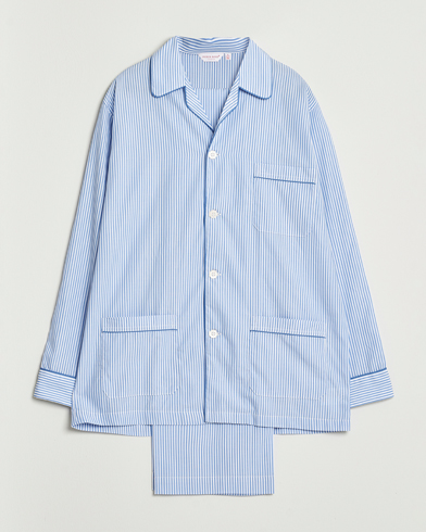 Derek Rose Striped Piped Cotton Pyjama Set Blue/White – Blå