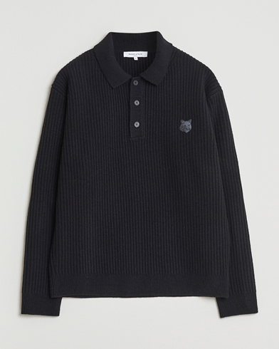 Maison Kitsuné Tonal Fox Head Wool Ribbed Polo Black – Sort
