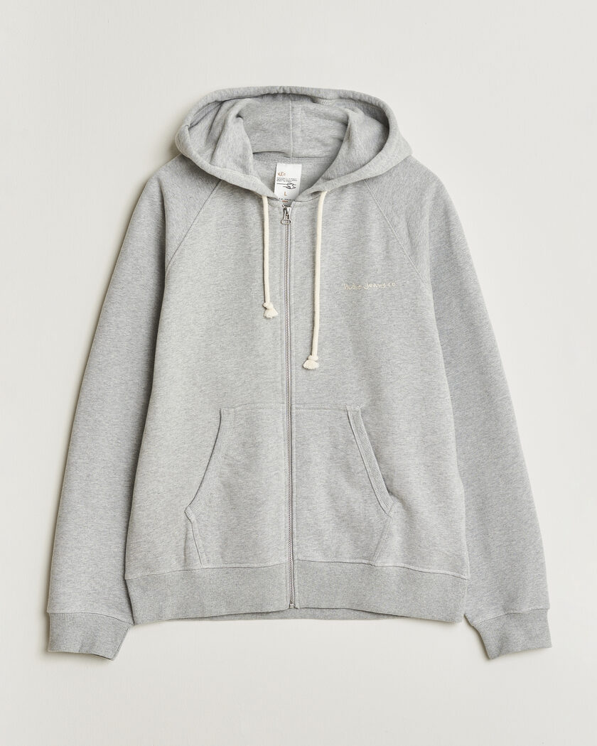 Nudie Jeans Gunde Logo Full Zip Hoodie Grey Melange – Grå