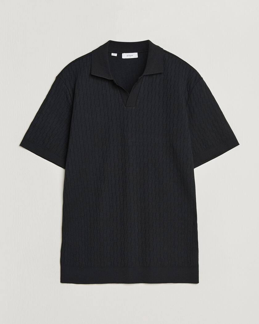 Eton Open Collar Jacquard Polo Black – Sort