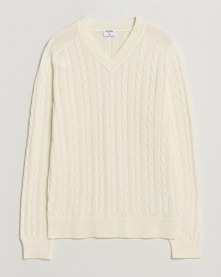 Filippa K Cotton Cable V-Neck Sweater Calico White – Hvid