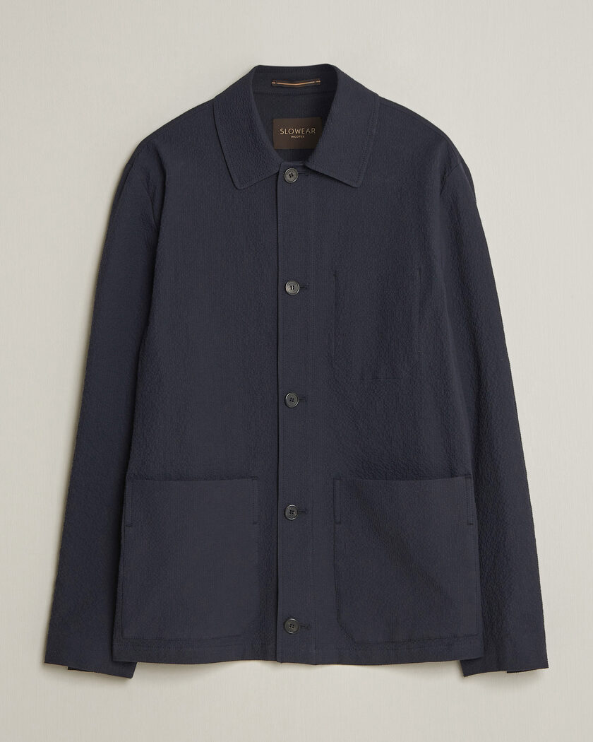 Incotex Seersucker Cotton/Silk Chore Jacket Navy – Blå