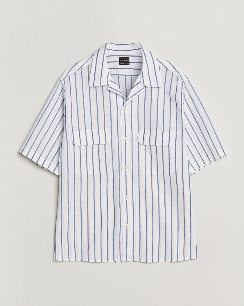Oscar Jacobson Striped Short Sleeve Linen Shirt Navy/White – Hvid