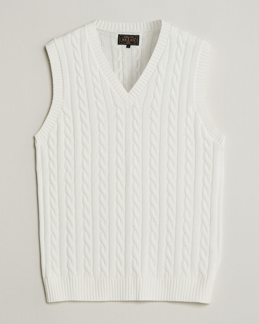 BEAMS PLUS Cable Knit Vest White – Hvid