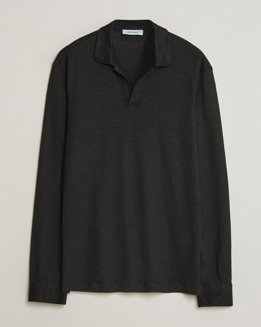 Gran Sasso Washed Linen Long Sleeve Polo Black – Sort