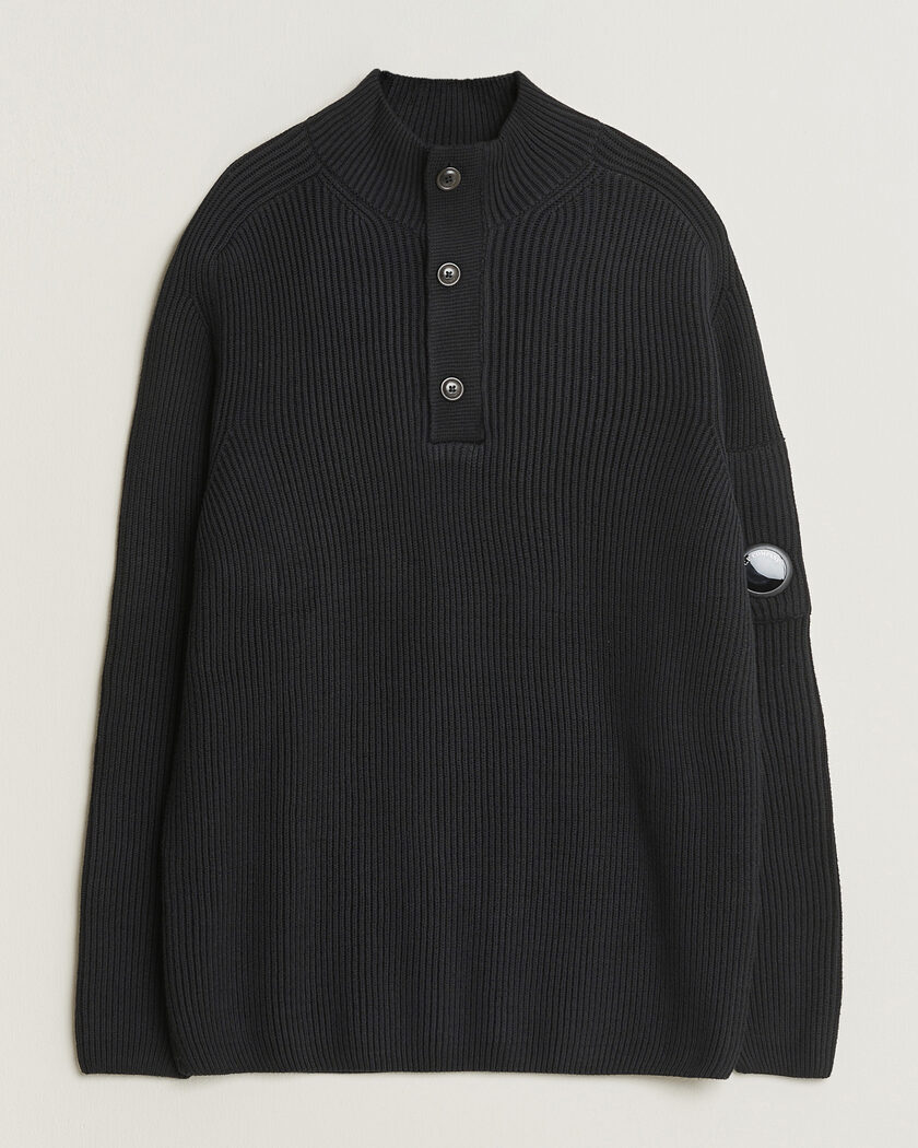 C.P. Company Full Rib Knitted Cotton Half Button Black – Sort