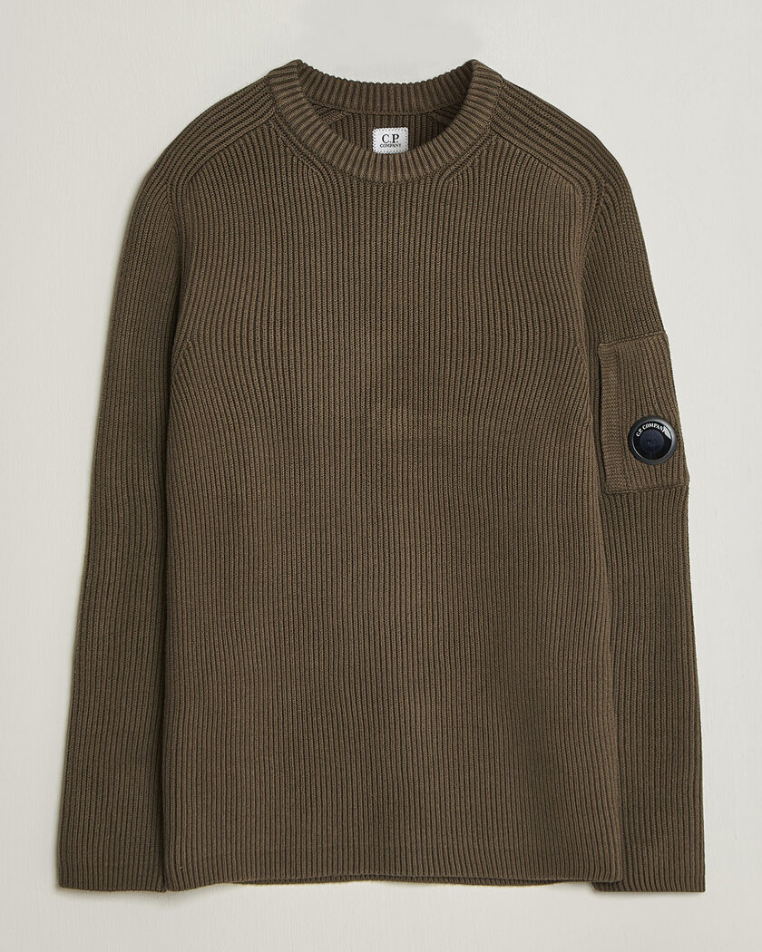C.P. Company Full Rib Knitted Cotton Crew Neck Dark Green – Grøn