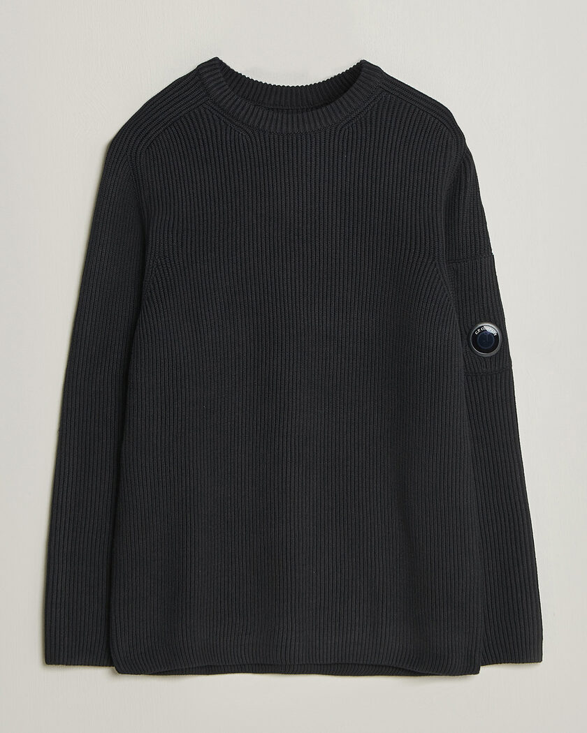 C.P. Company Full Rib Knitted Cotton Crew Neck Black – Sort