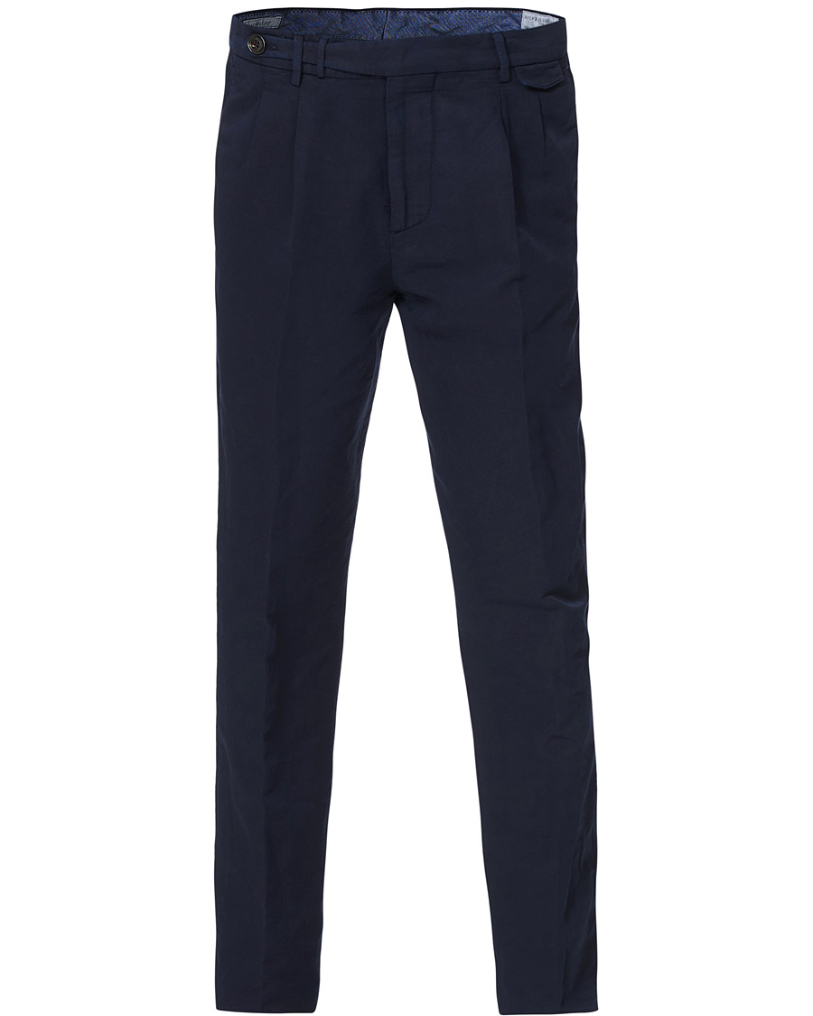 Herre | Bukser | Brunello Cucinelli | Slim Fit Cotton/linen Pleated Trousers Navy