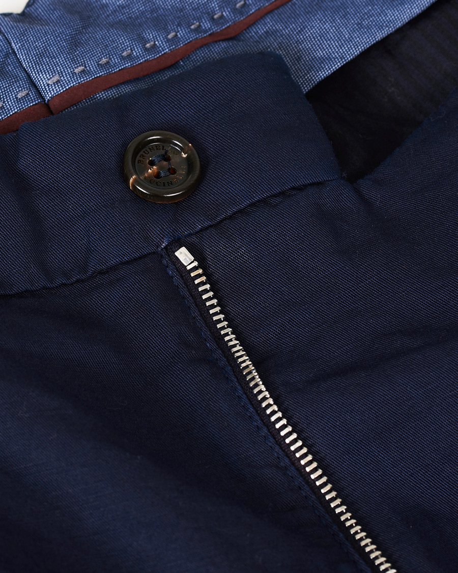 Herre | Bukser | Brunello Cucinelli | Slim Fit Cotton/linen Pleated Trousers Navy