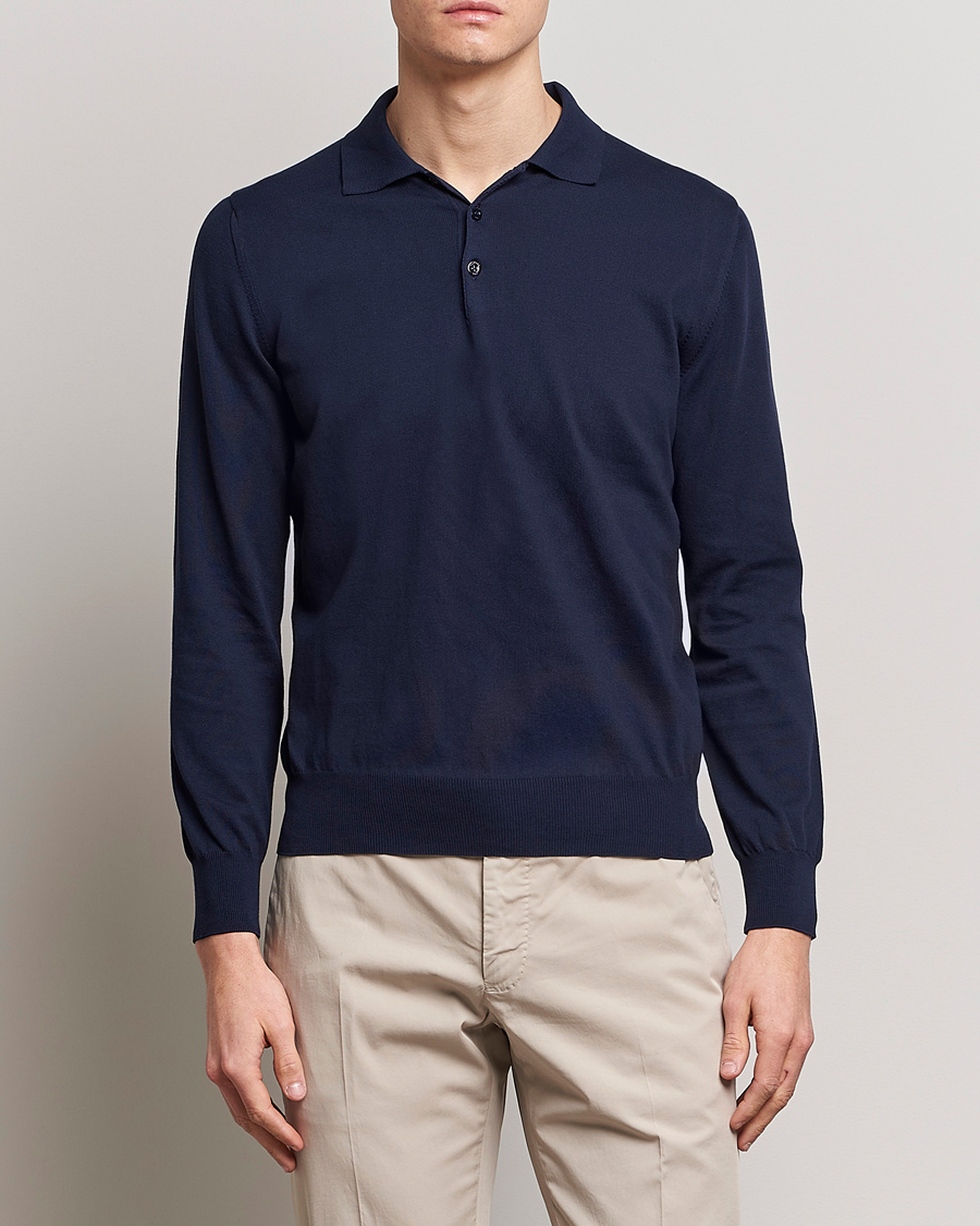 Herre | Strikkede polotrøjer | Canali | Cotton Long Sleeve Polo Navy