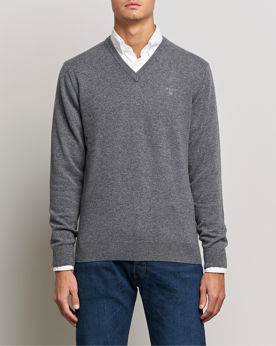 V-Neck Pullover Grey Dark Melange GANT Lambswool