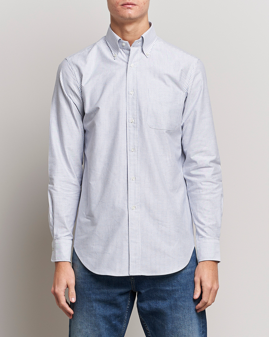 Herre | Tøj | Kamakura Shirts | Slim Fit Striped Oxford BD Shirt Light Blue
