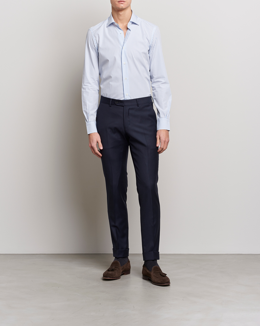 Herre | Skjorter | Mazzarelli | Soft Cotton Cut Away Shirt Light Blue Stripe