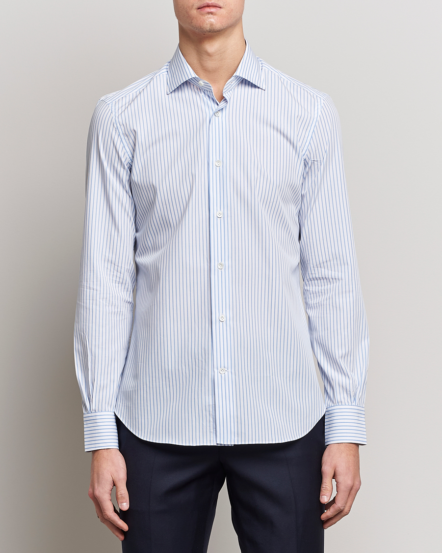 Herre | Skjorter | Mazzarelli | Soft Cotton Cut Away Shirt Light Blue Stripe