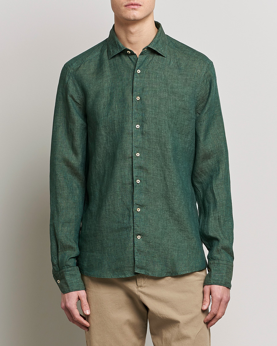 Herre | Tøj | Stenströms | Slimline Cut Away Linen Shirt Dark Green