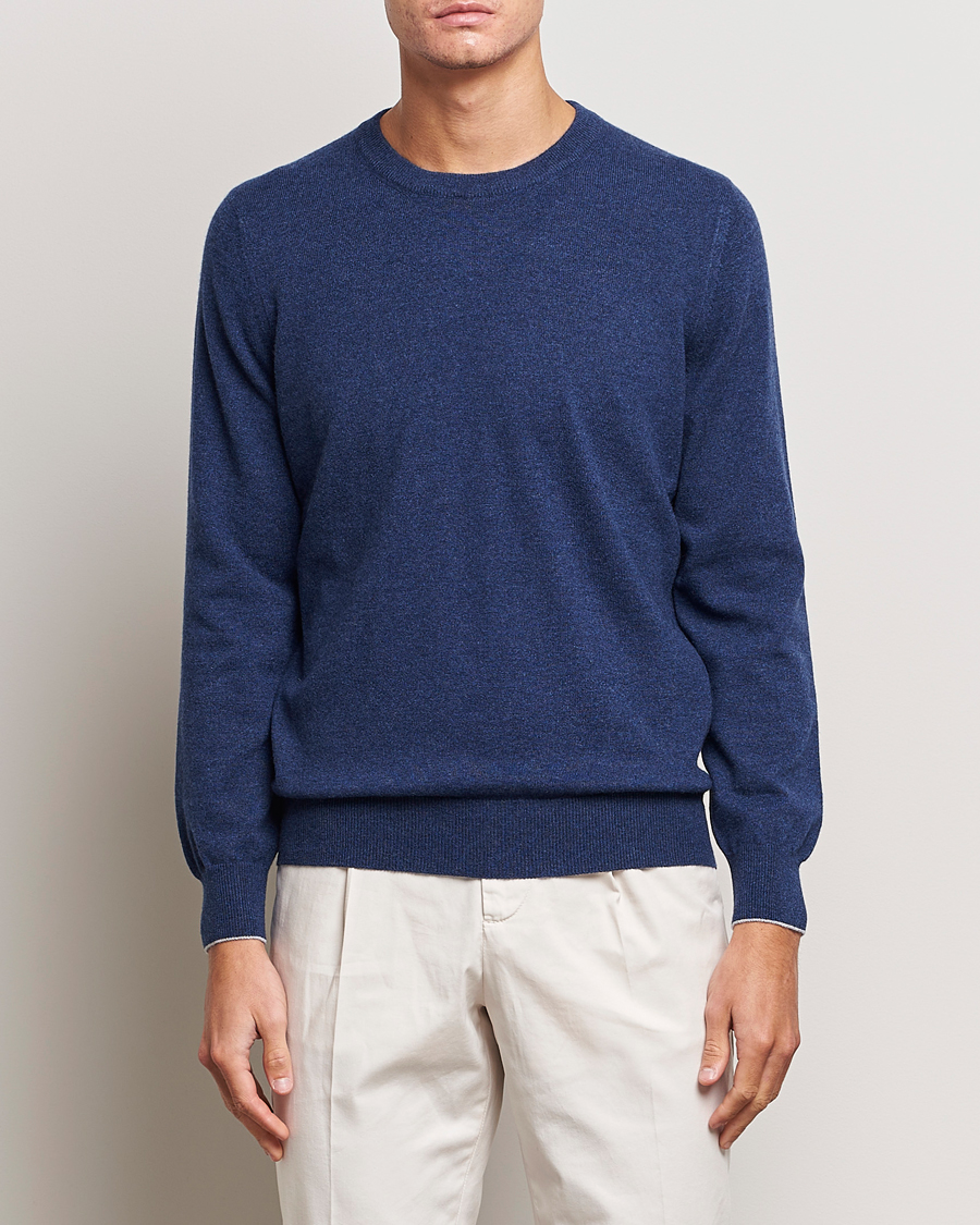 Herre | Pullovers med rund hals | Brunello Cucinelli | 2 Ply Cashmere Pullover Dark Blue