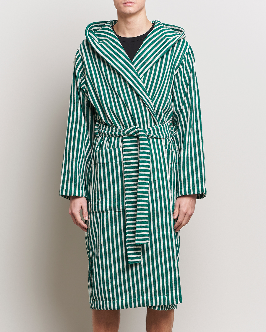Herre | Loungewear | Tekla | Organic Terry Hooded Bathrobe Teal Green Stripes
