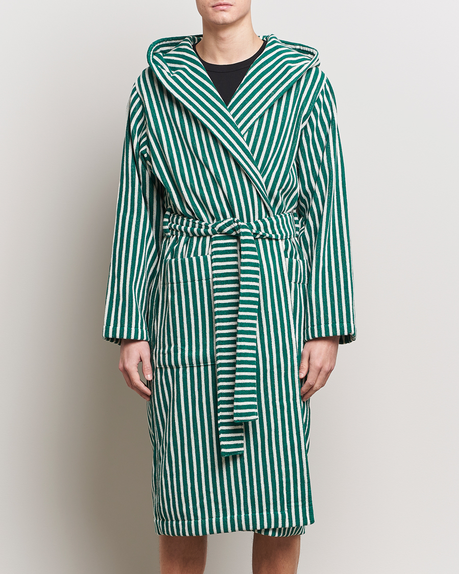 Herre | Morgenkåber | Tekla | Organic Terry Hooded Bathrobe Teal Green Stripes