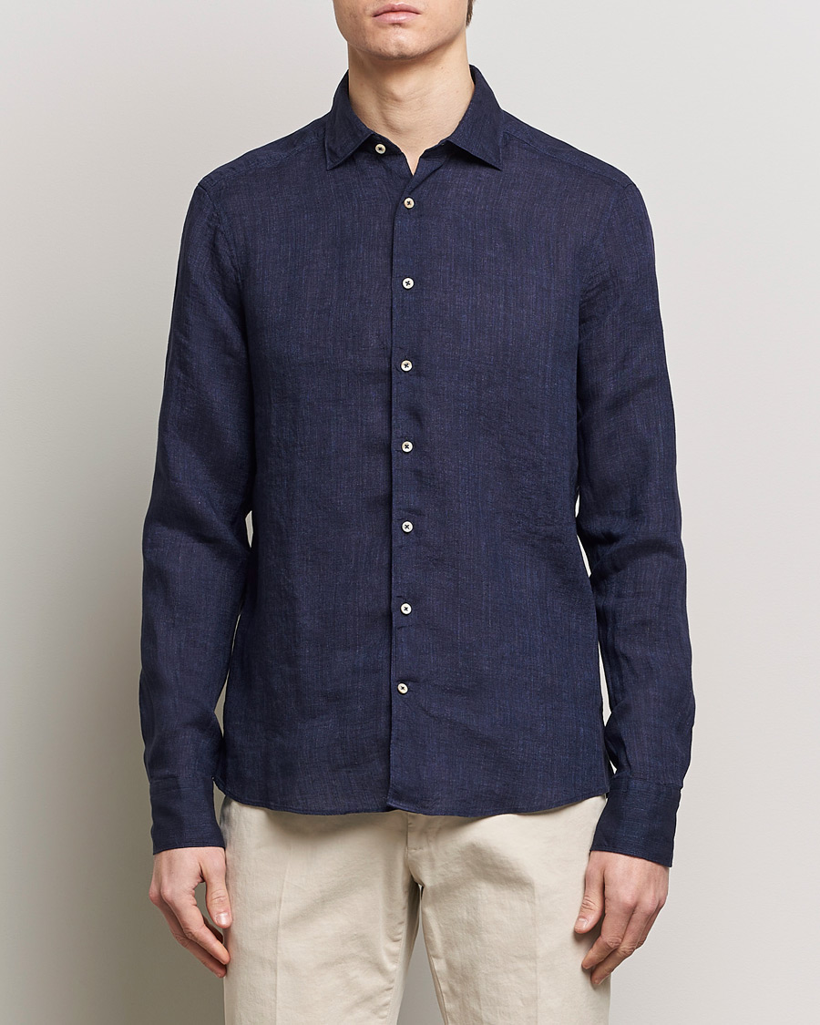 Herre | Skjorter | Stenströms | Slimline Cut Away Linen Shirt Navy