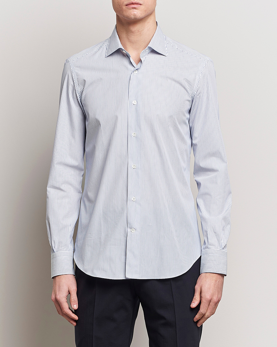 Herre | Afdelinger | Mazzarelli | Soft Cotton Cut Away Shirt Blue Pinstripe
