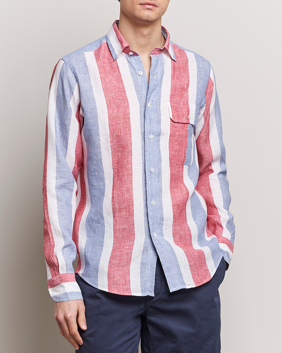 Herre | Tøj | Drake\'s | Thick Stripe Linen Shirt Red/Blue