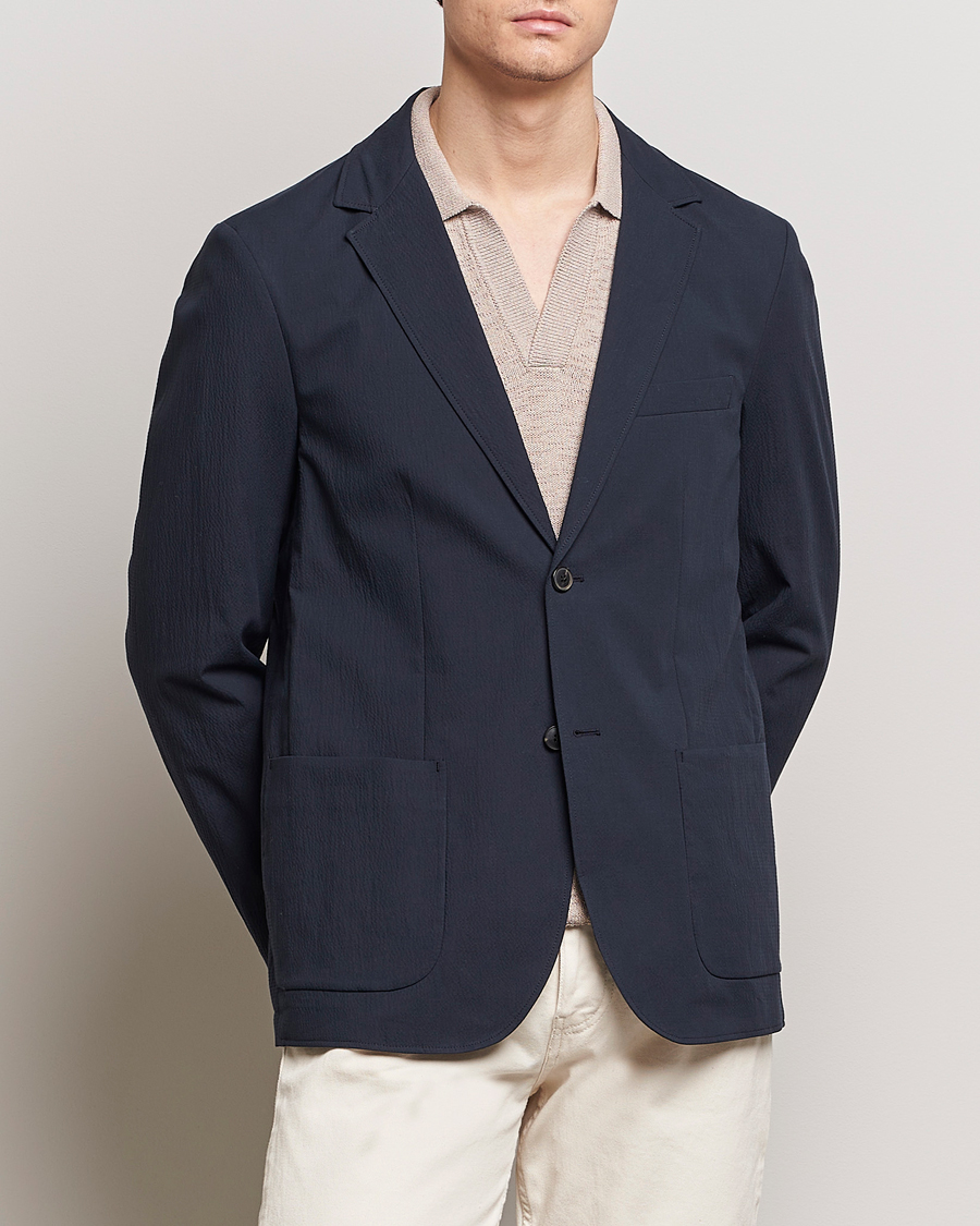 Herre | Bomuldsblazer | Sunspel | Unconstructed Seersucker Blazer Navy