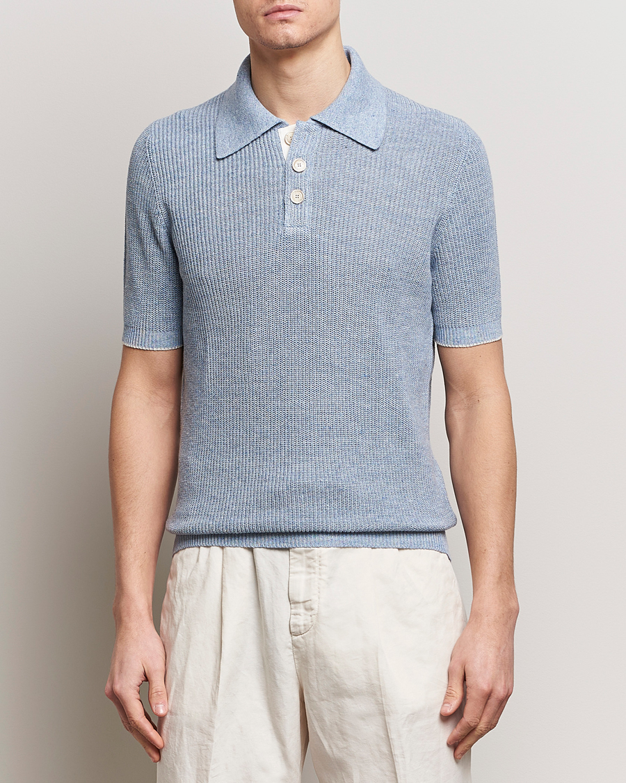 Herre | Tøj | Brunello Cucinelli | Cotton/Linen Rib Knitted Polo Light Blue