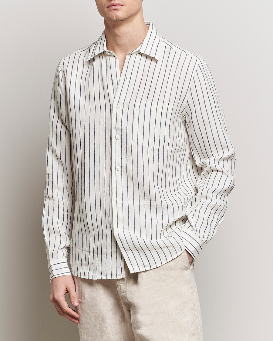 Herre | The linen lifestyle | A Day\'s March | Abu Striped Linen Shirt White/Navy