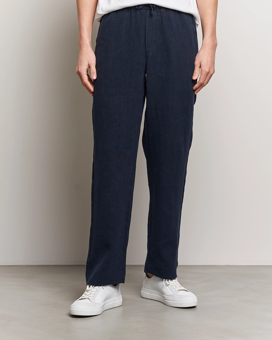 Herre | Hørbukser | A Day\'s March | Tamiat Drawstring Linen Trousers Navy